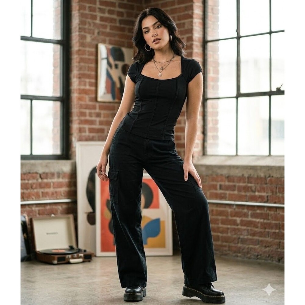 Necessary Objects Vintage 90s Y2K Black Corset Style Cap Sleeve Top Blouse USA S
